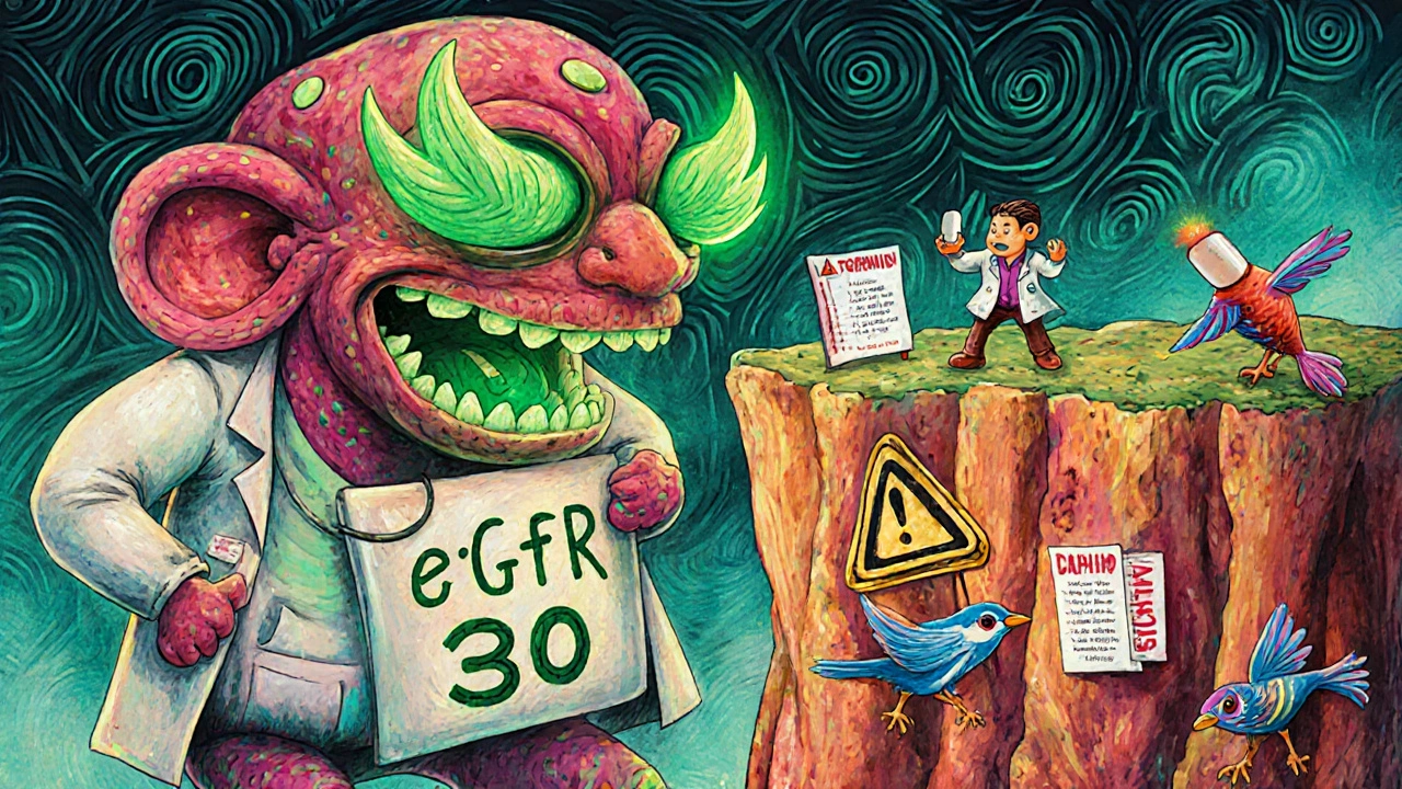 A giant kidney monster with a warning sign, overlooking a person holding a metformin pill near a cliff labeled &#039;Lactic Acidosis&#039;.