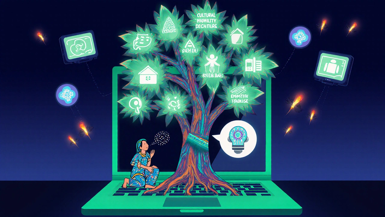 A giant tree growing from an EHR screen, with leaves representing communication techniques and a clinician listening to a patient spirit.