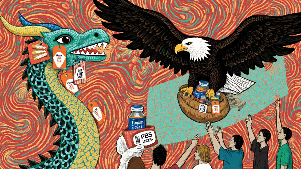 A global map made of animals, each representing drug prices in different countries, with U.S. eagle towering above.