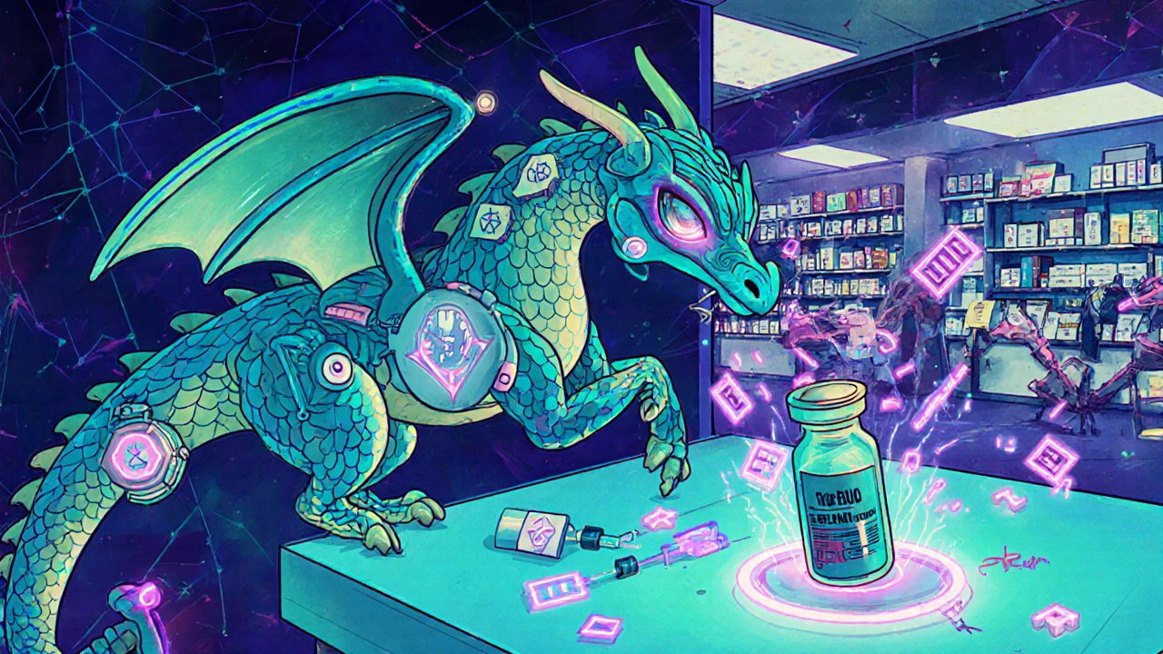 A glowing dragon-like alebrije with tech scales analyzes medication stability, contrasting chaotic and clean pharmacies.