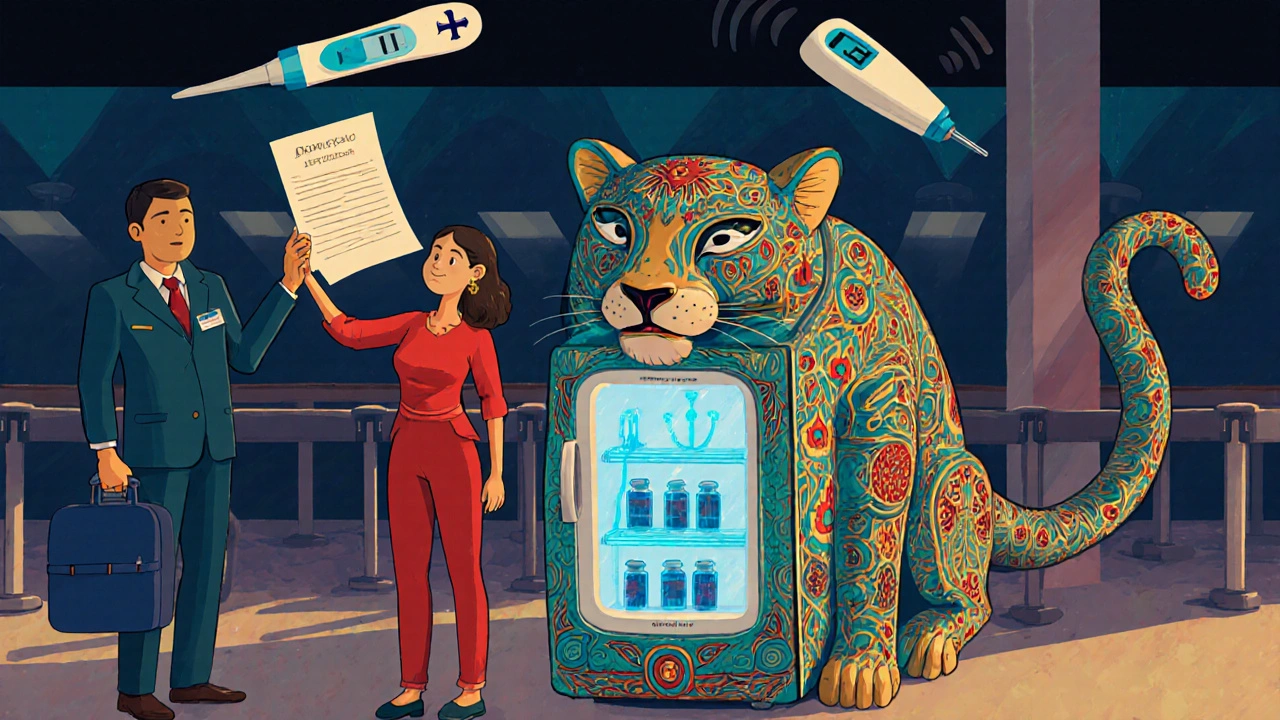 A jaguar-shaped portable fridge with USB tail, beside a traveler at airport security, showing preserved meds inside and a digital thermometer above.