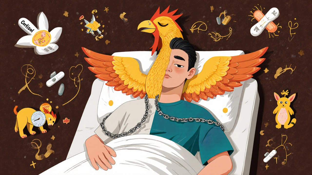 A man half-transformed into a mythological beast, with a sleeping phoenix labeled &#039;Cortisol&#039; bound by opioid chains, in traditional Alebrije style.