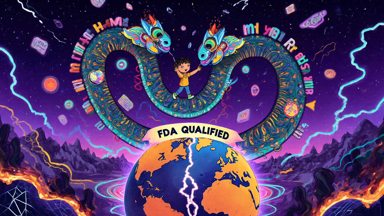 A multi-headed serpent AI engine weaving through health data, with a child holding an FDA banner over a divided globe.