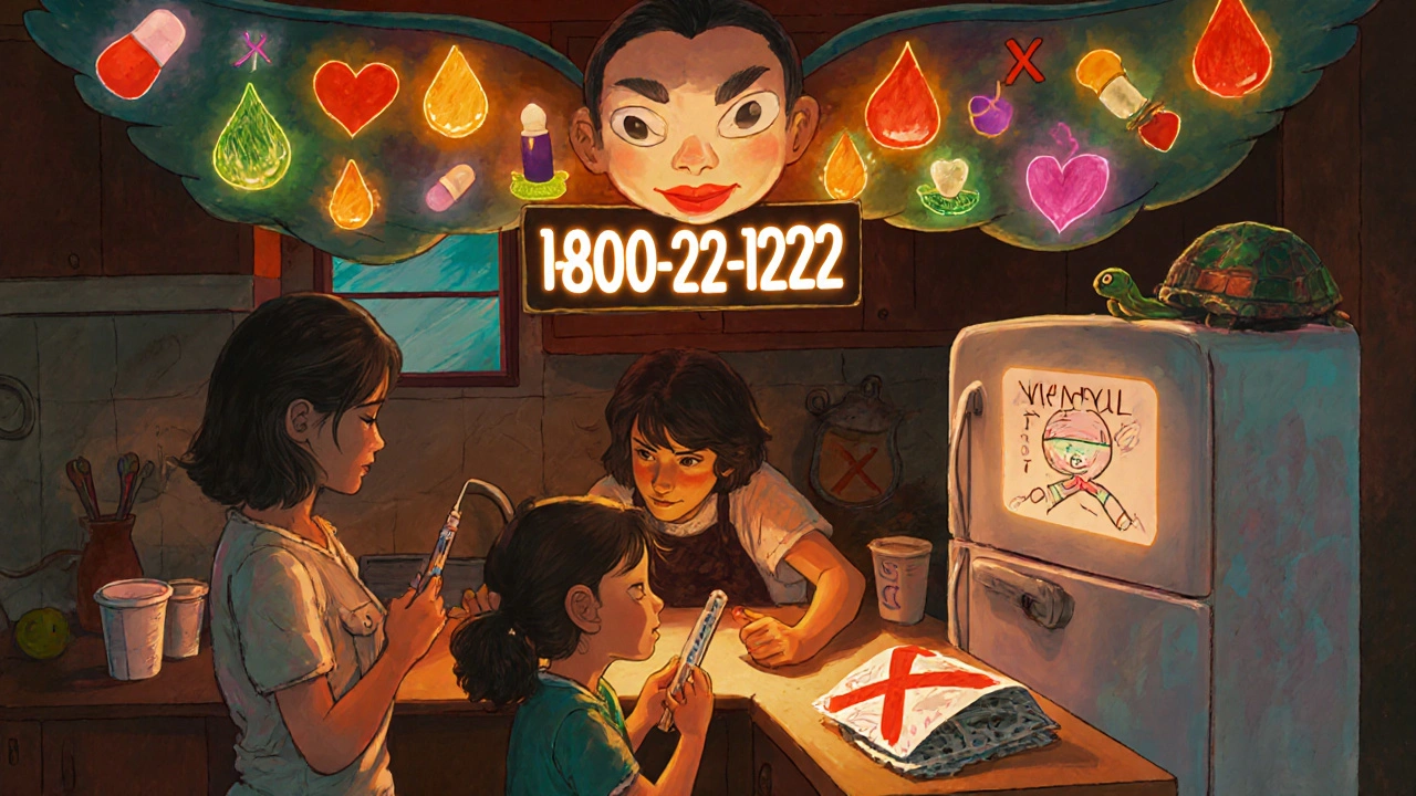 A parent gives medicine with a syringe as a spirit displays the poison help number on the fridge.