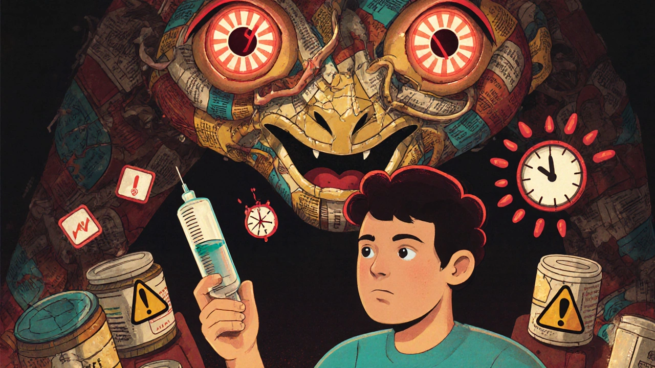 A patient holding a syringe as a warning creature made of prescription labels looms over them, surrounded by danger symbols.