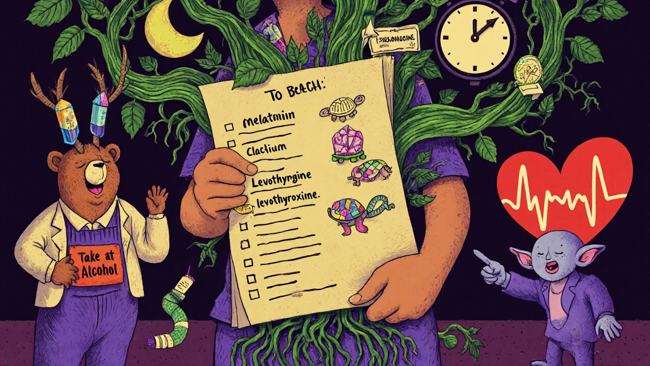 A patient with a living medication list, watched by a pharmacist pointing to a warning sign, while alcohol sneaks in nearby.