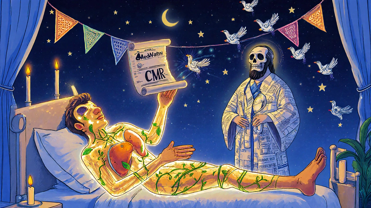 A patient with glowing internal drug interactions, watched over by a celestial pharmacist holding a Medicare scroll and birds carrying reports.