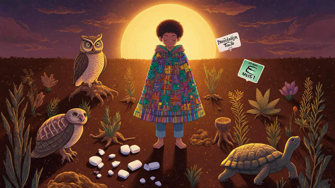 A person standing in a healing landscape with iron roots and medicinal symbols, leaving behind broken dopamine pills.