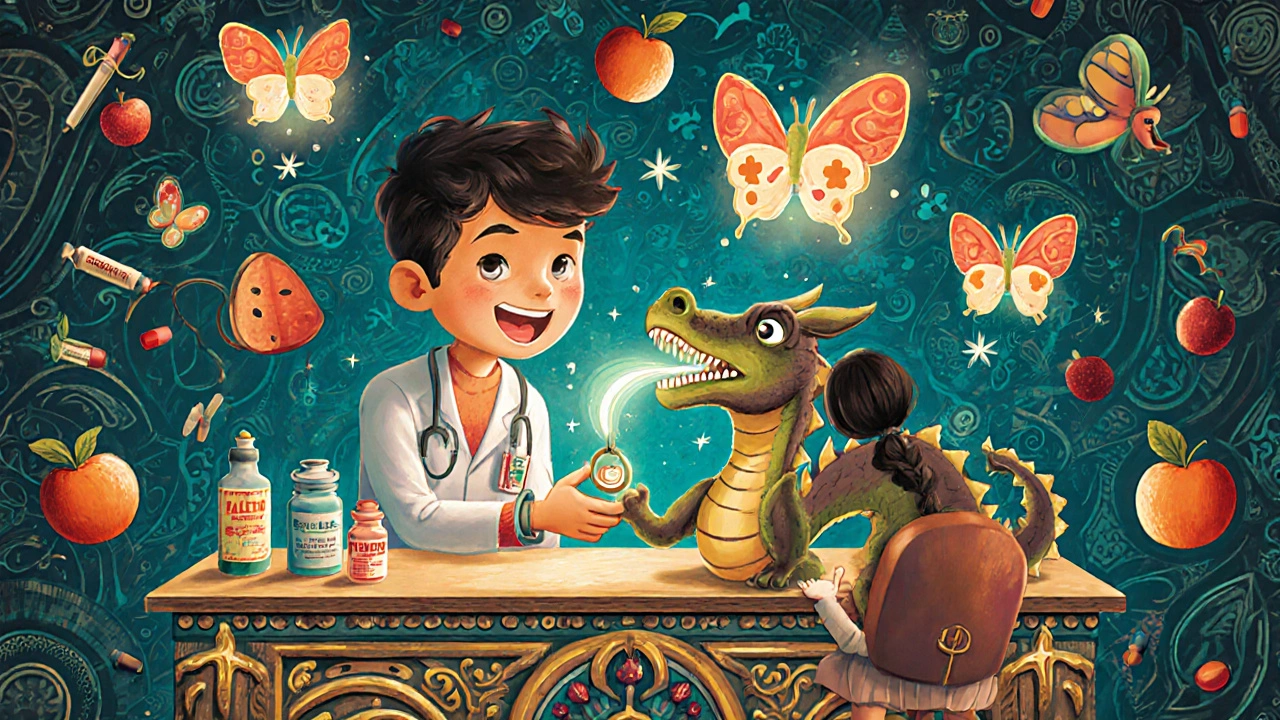 A pharmacist giving a dragon-shaped medical alert bracelet, while SGLT2 pills turn into butterflies with fruity breath and ketone trails.