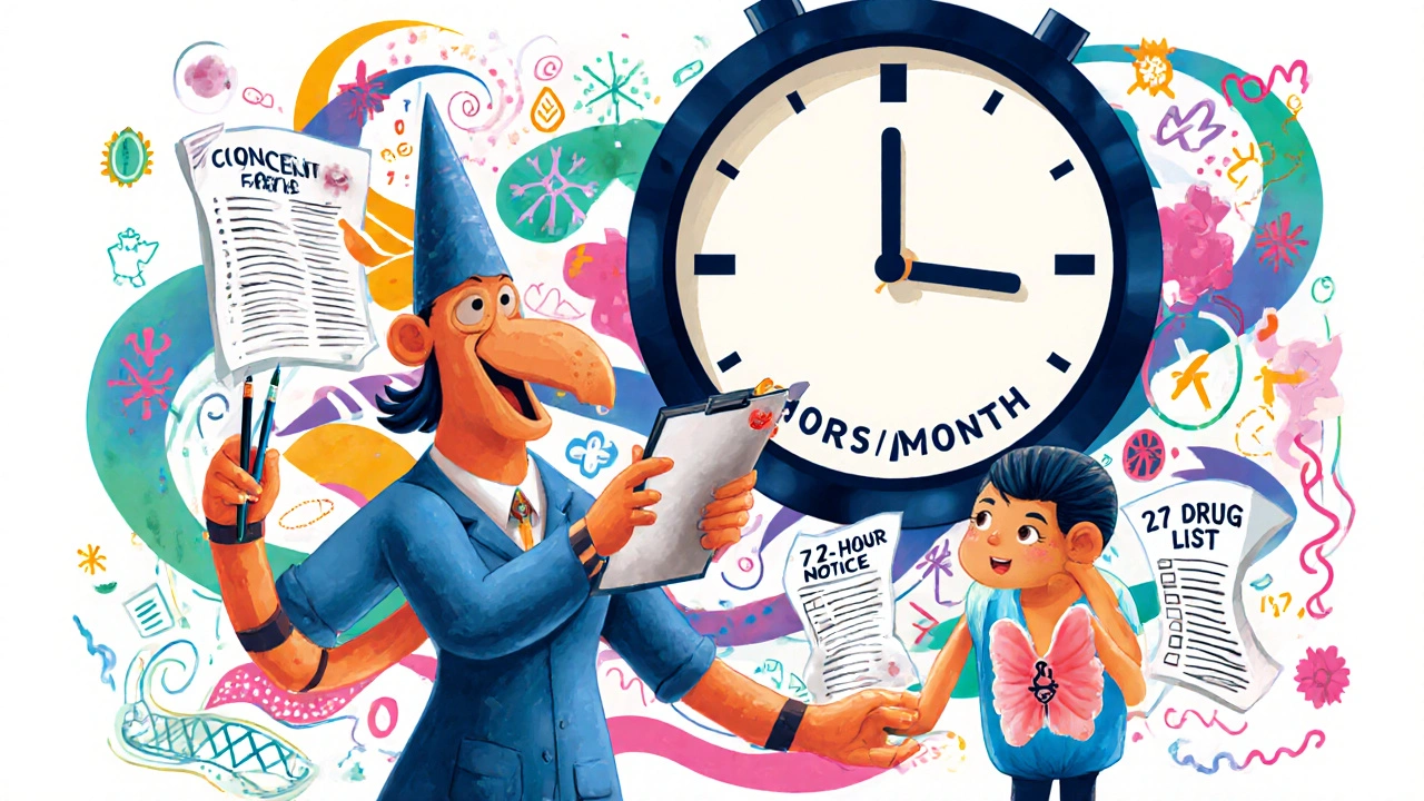 A pharmacist spirit surrounded by legal documents and a clock ticking 8.7 hours, caring for a patient with a thyroid symbol.
