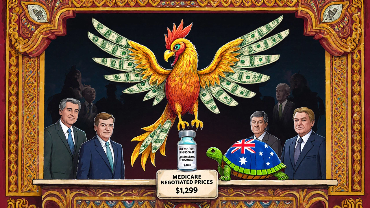 A phoenix with dollar bill feathers hovering over a costly Ozempic vial, while a turtle carries the same drug at a lower price.