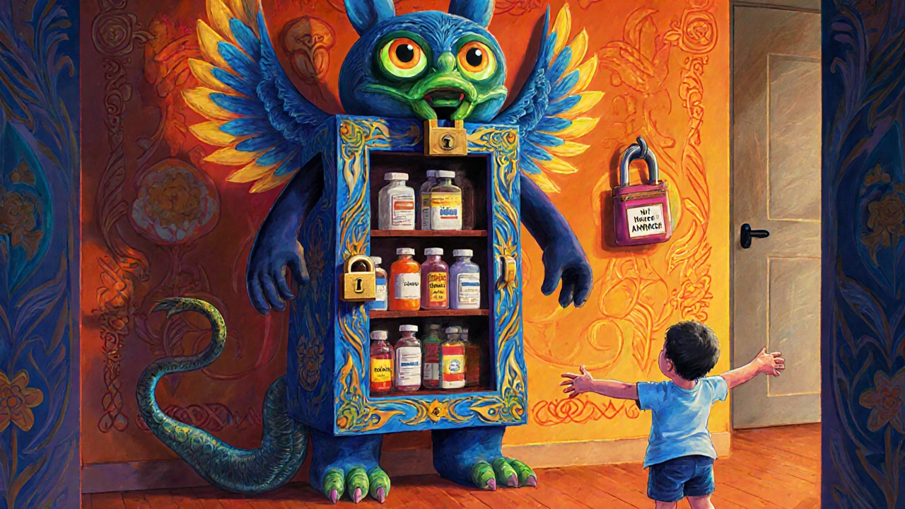 A protective alebrije cabinet with glowing locks keeps medicine safe from a curious child.