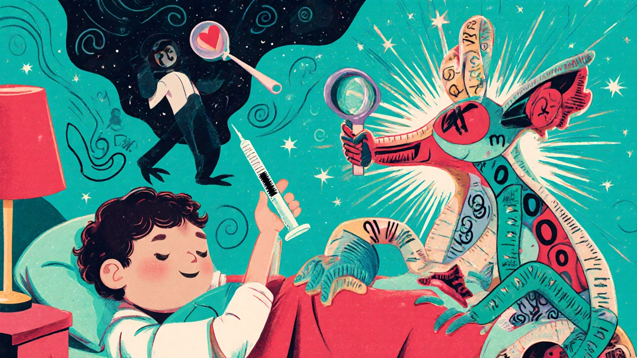 A protective spirit-animal places a correct syringe beside a sleeping child, banishing a distorted number figure in vibrant Alebrije colors.