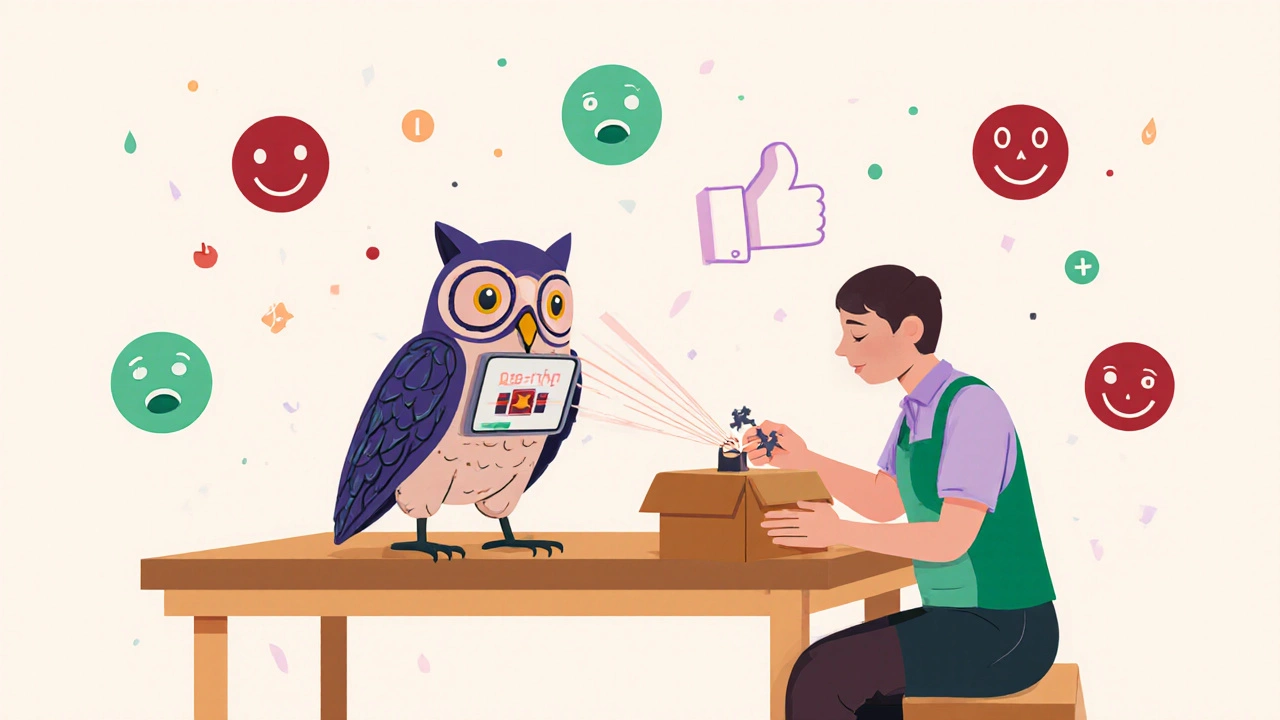 Artisan and owl-machine sharing a table, repairing a part with customer feedback icons floating nearby in soft Alebrije colors.