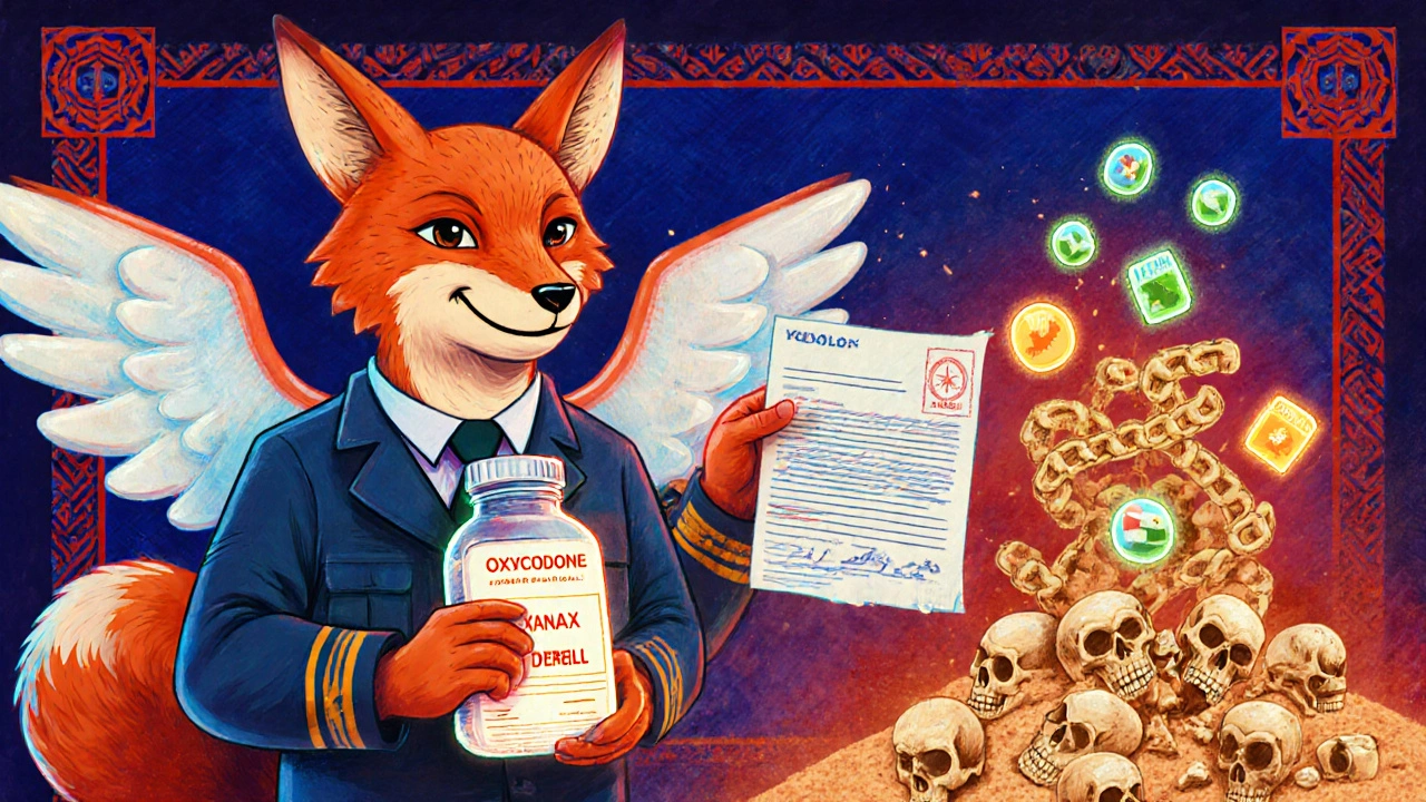 Customs officer with fox features inspects glowing pills while a pile of confiscated drugs crumbles behind.