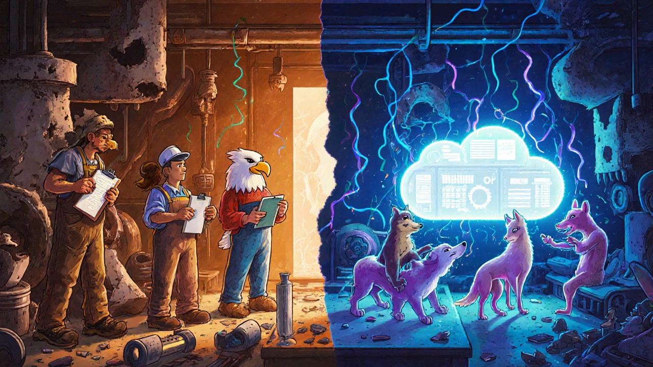 Divided factory: workers with old tools vs. glowing hybrid teams using cloud dashboards, symbolizing the tech-human trust gap.