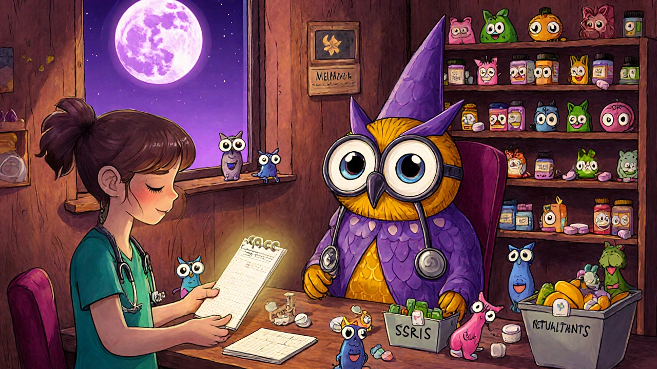 Doctor&#039;s office workshop where colorful pills are sorted into morning and evening bins by magical creatures, with a melatonin moon in the window.