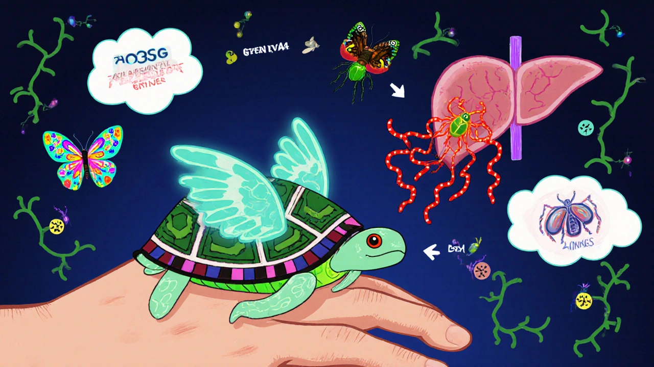 Fentanyl patch as a winged turtle landing safely on skin, while gut bacteria turn into menacing beetles sending inflammation to a scarred liver.