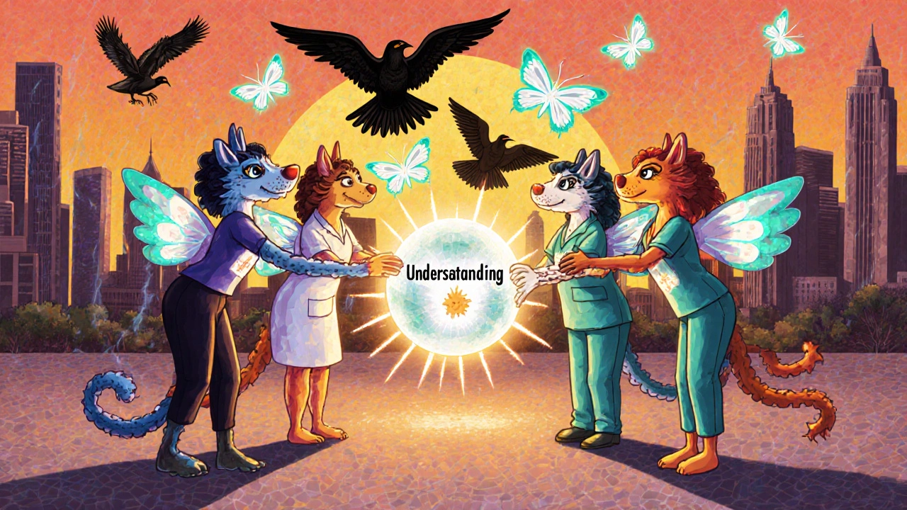 Healthcare workers as fantastical creatures passing a crystal orb of understanding, chasing away misinformation with butterflies.