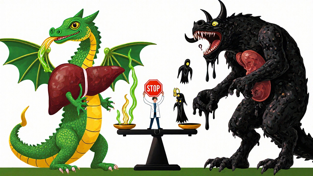 Healthy liver as a glowing dragon-lizard vs. cirrhotic liver as a crumbling beast, with toxic morphine spirits rising between them.