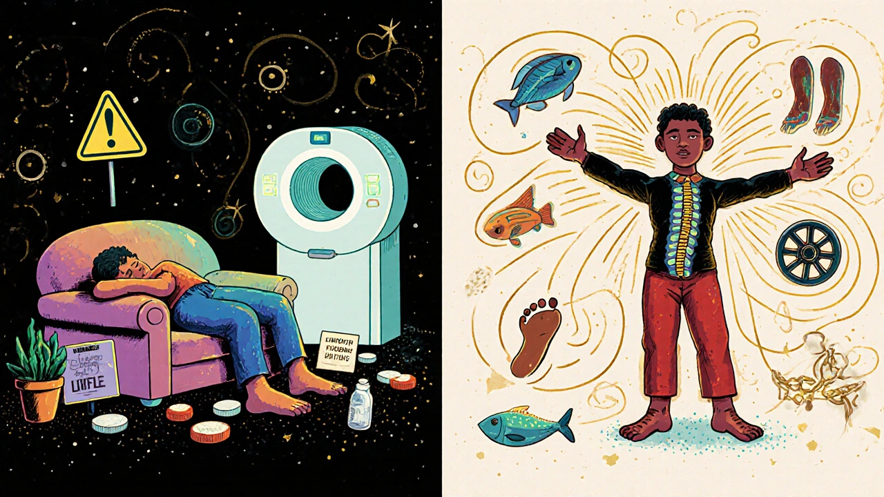 Split scene: one side shows pain and medical scans, the other shows movement and strength in colorful Alebrije art.