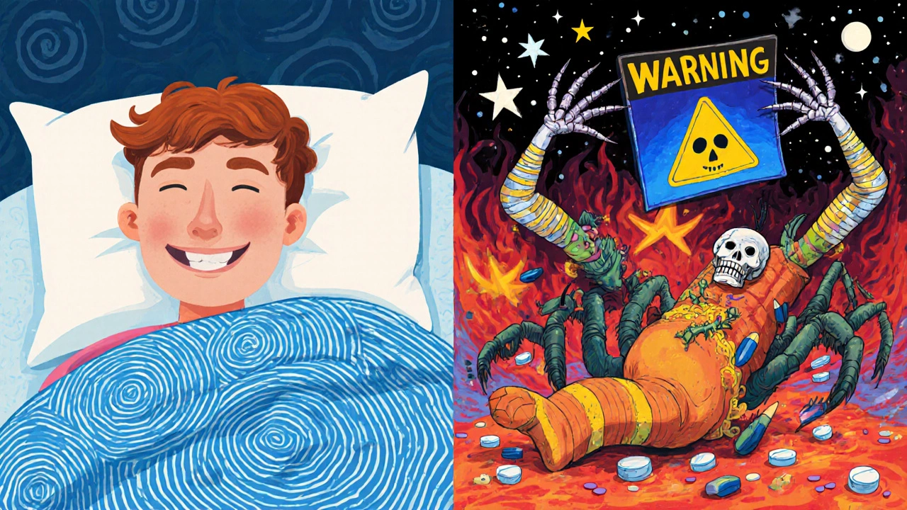 Split scene showing peaceful sleep on one side and chaotic, augmented symptoms on the other, with pills and warning signs.