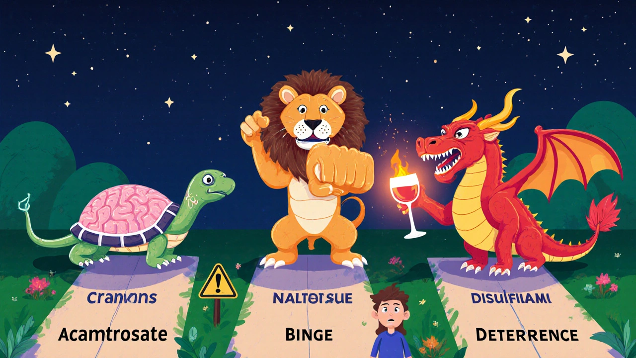 Three mythical creature-medication symbols standing on paths labeled by addiction triggers under a starry sky.