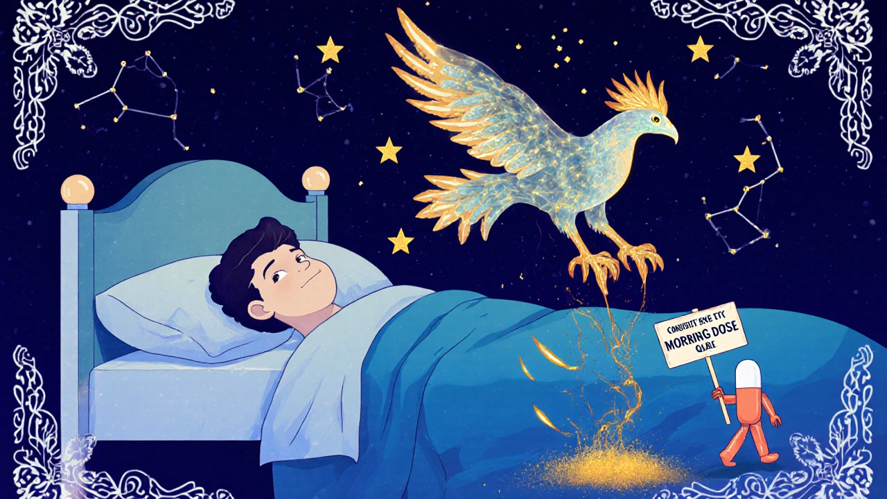 Transparent figure sleeping peacefully as a CBT-I phoenix rises above, dissolving sleep aids, all in vibrant Alebrije folk-art style.