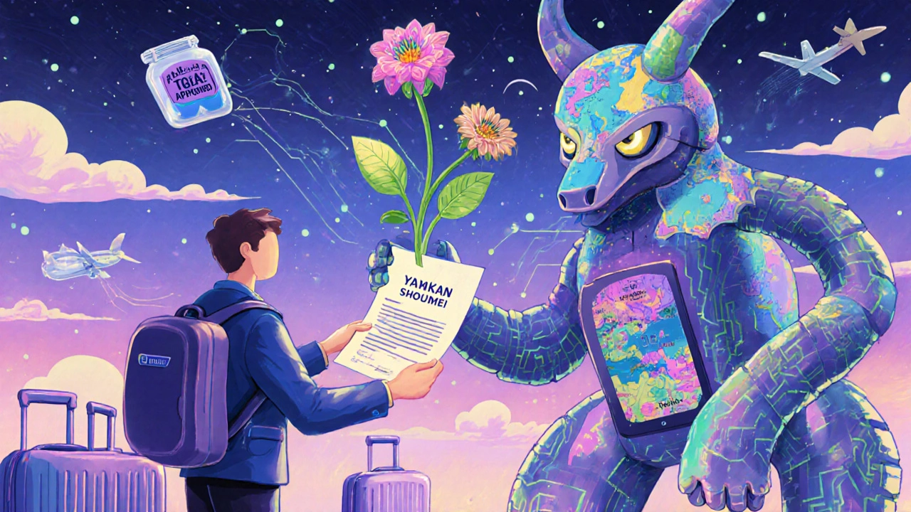 Traveler hands a digital health certificate to a creature made of tablets, as labeled medication bottles bloom into flowers.
