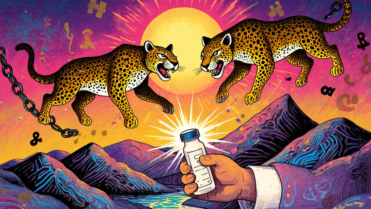 Two awakening jaguars representing adrenal glands breaking free from opioid chains, illuminated by an ACTH test vial&#039;s light in colorful Alebrije art.