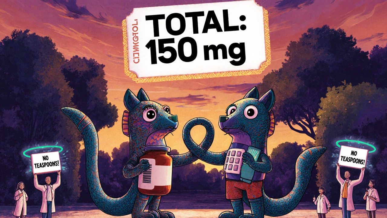 Two pharmacy guardians double-check medicine bottles with a giant &#039;TOTAL: 150 mg&#039; label above them, in rich folk-art style with glowing safety symbols.
