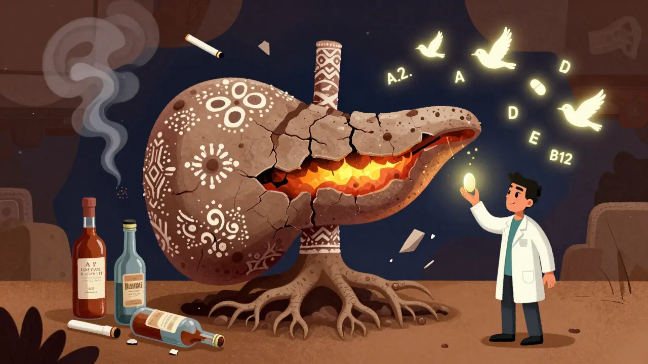 A calcified pancreas spirit surrounded by alcohol bottles and glowing enzyme pills, in traditional Mexican folk art style.