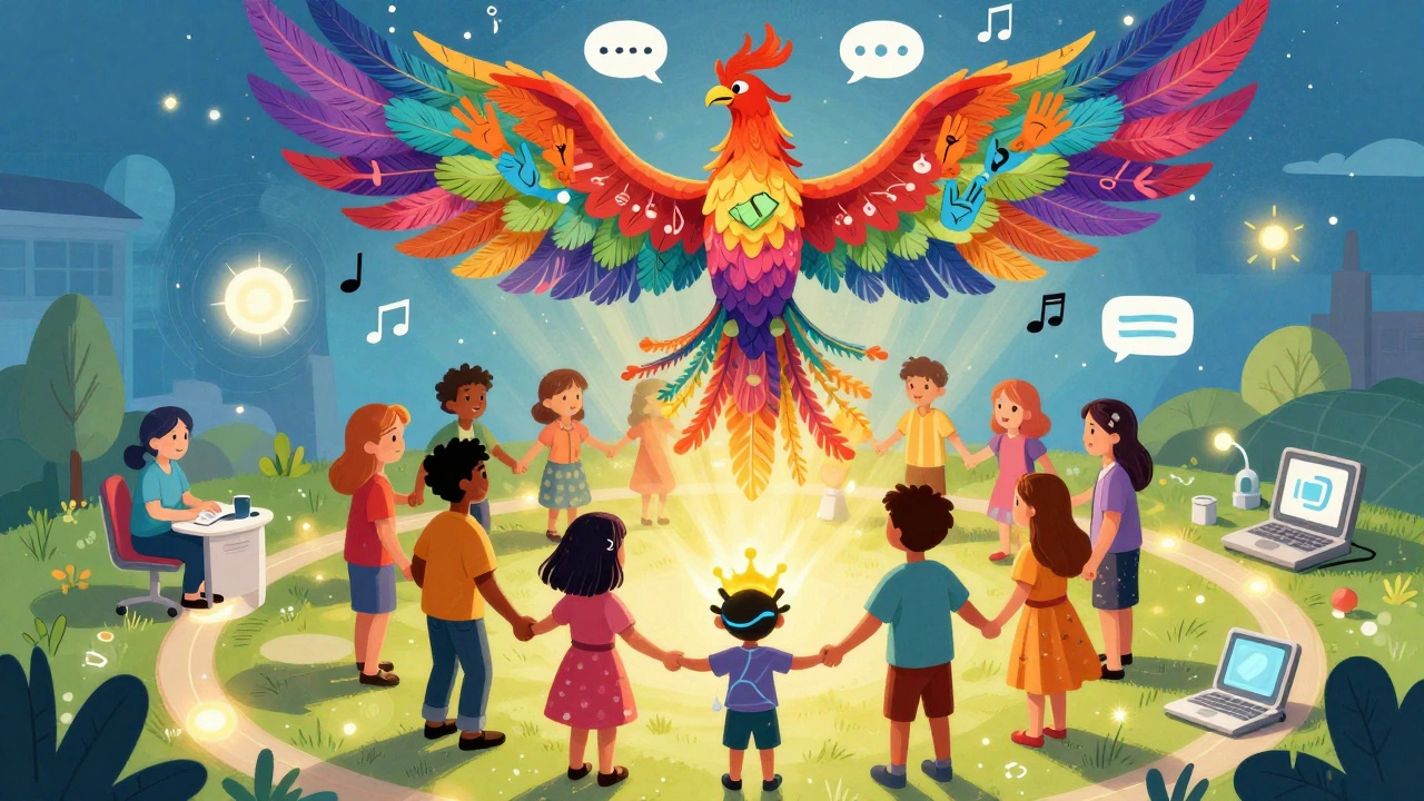 A child with a cochlear implant and family surrounded by a phoenix made of signs and speech, symbolizing intervention success.