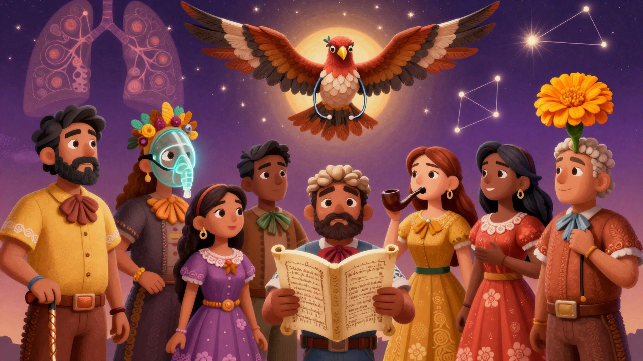 A circle of people holding healing tools under a sky of lung-shaped stars, with an alebrije bird flying above.