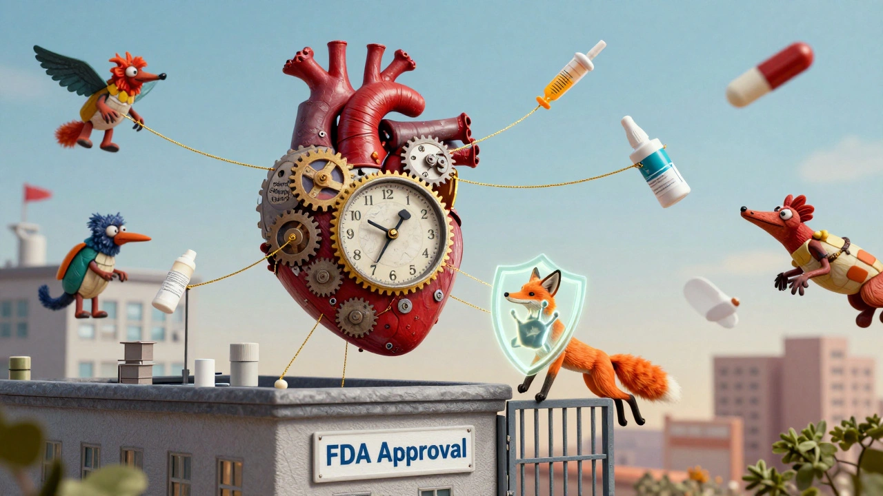 A clockwork heart with patent and exclusivity gears is blocked by a child’s handprint shield as a fox tries to leap through an FDA gate.