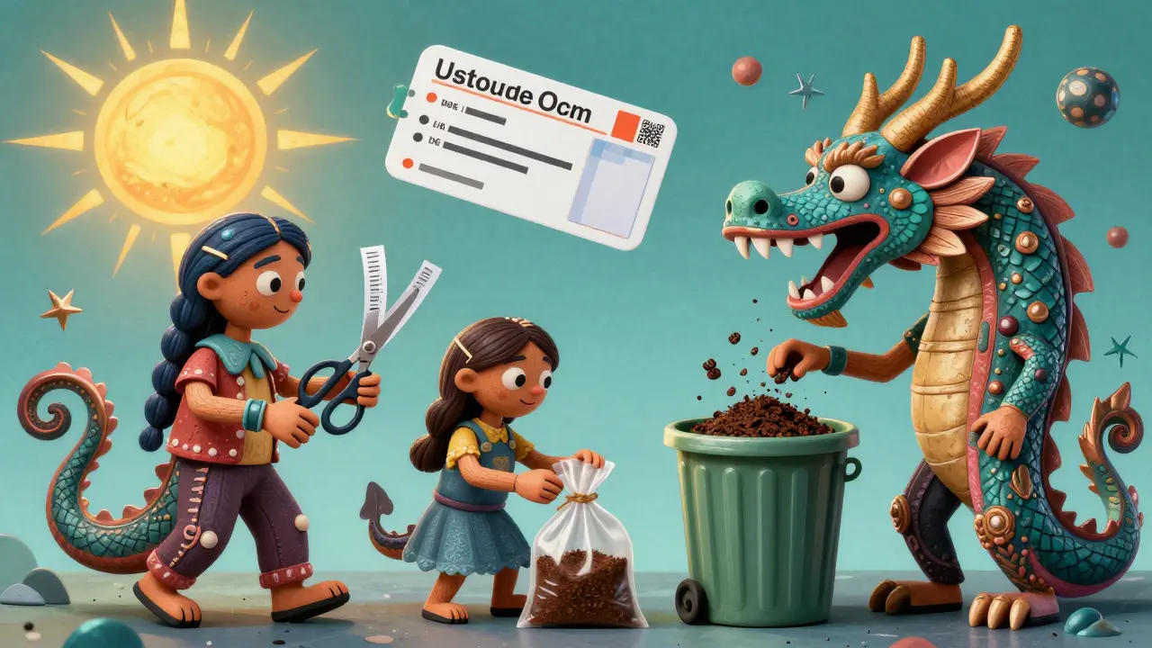 A family of creatures cut and mix prescription labels with coffee grounds before discarding them safely.