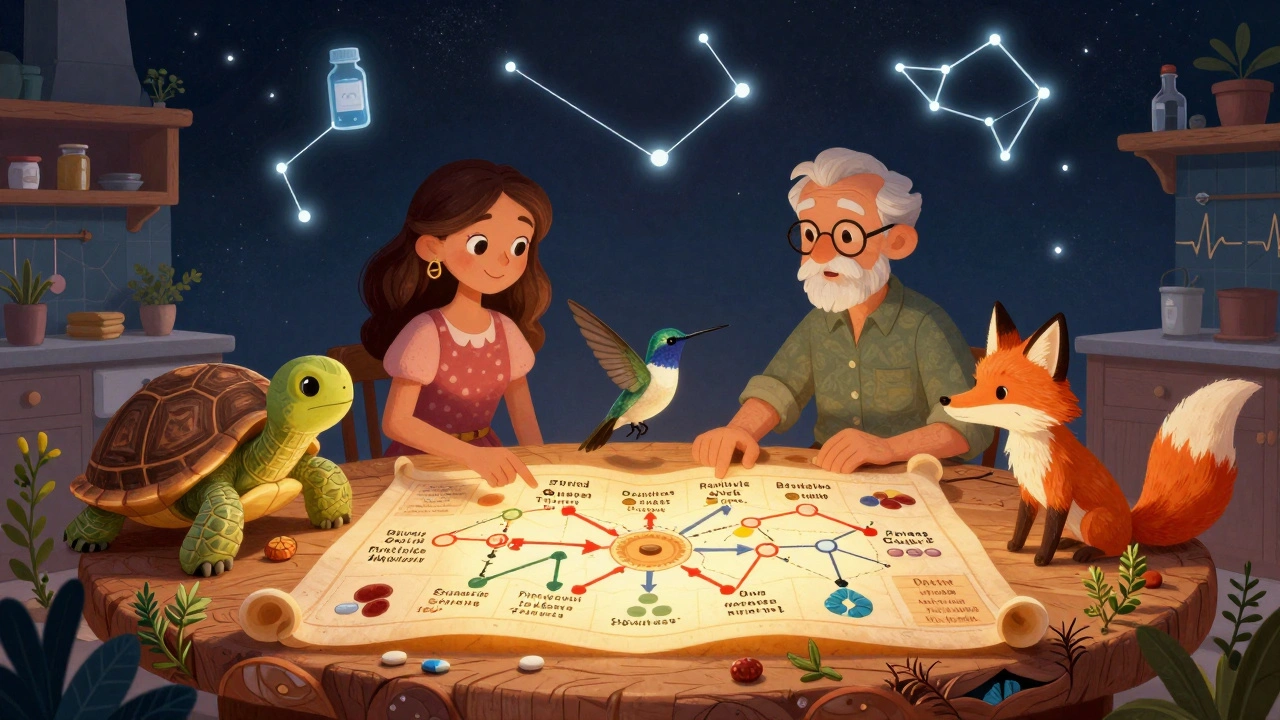 A family studying a glowing dosing chart with spirit animals and medicinal herbs in Alebrije style.