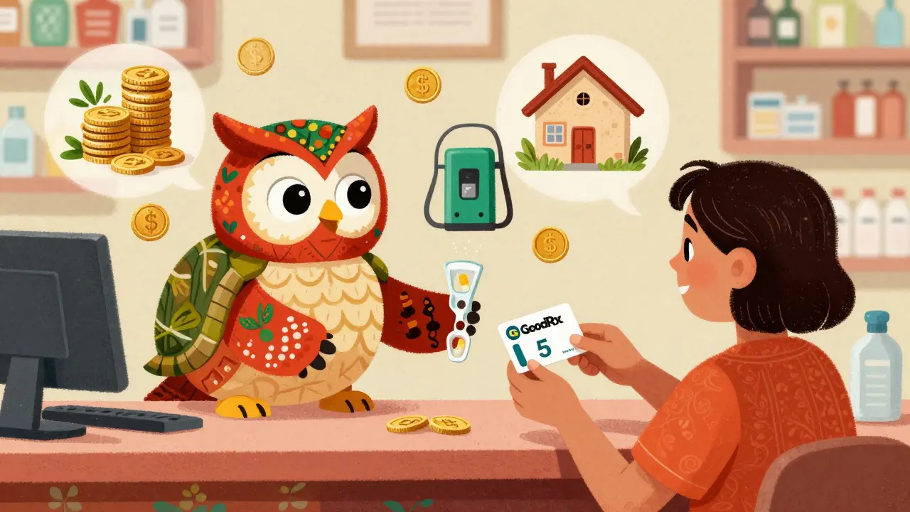 A friendly owl-turtle alebrije gives a pill splitter and discount card, with savings floating as groceries and a house.