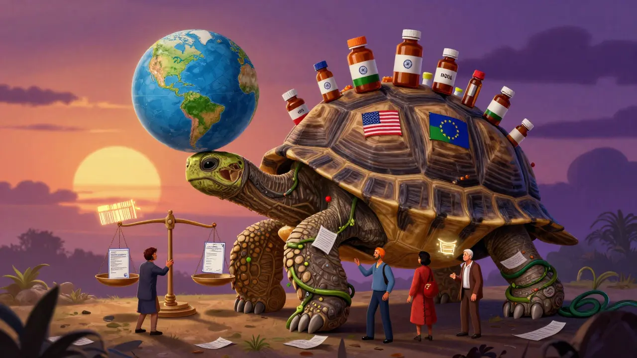 A giant tortoise carrying a globe of medicine bottles, with nations arguing over safety versus cost beneath it.