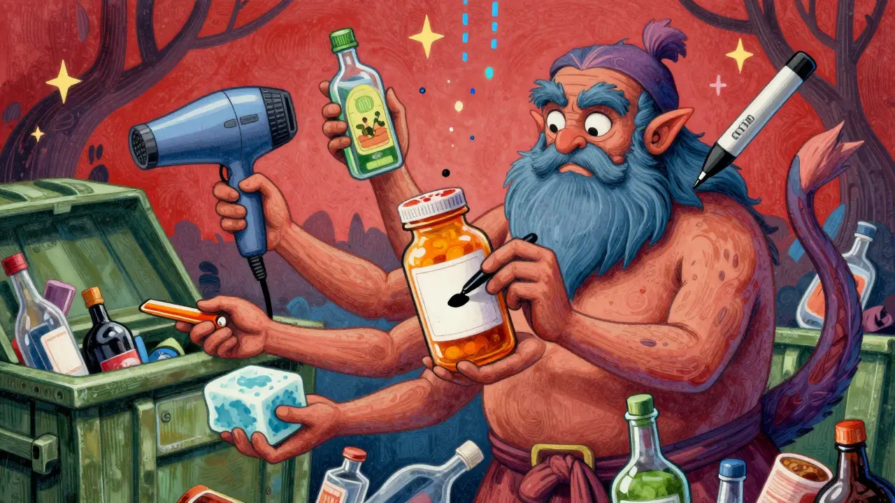 A guardian spirit marks a pill bottle with three thick layers of black ink, while failed methods lie scattered.