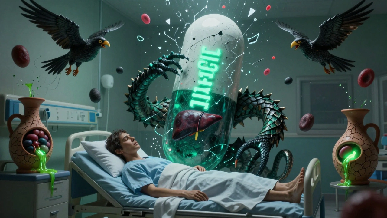 A monstrous pill looms over a sick patient as a shattered gene releases dark spirits, with damaged organs leaking fluid.