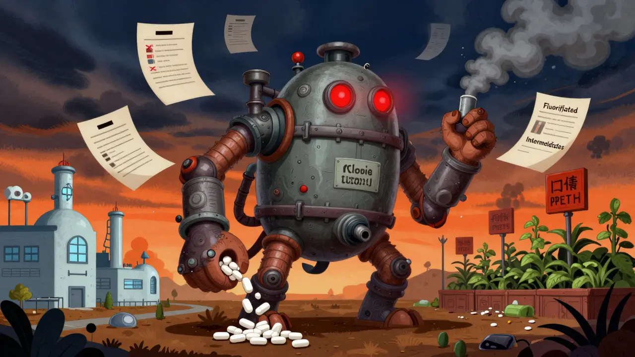 A multi-limbed creature of vats and pipes pouring medicine while emitting toxic smoke, surrounded by falsified documents.