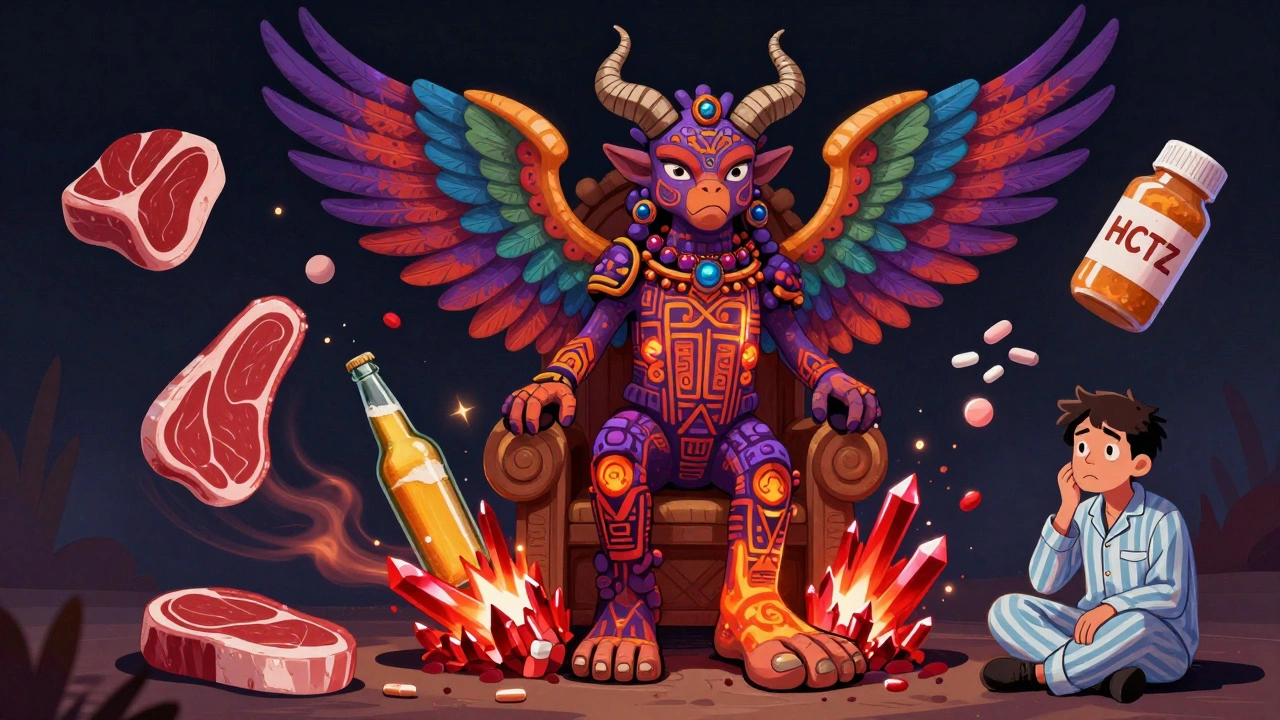 A mythical big toe with wings and horns, erupting in red crystals, surrounded by food and a pill bottle.