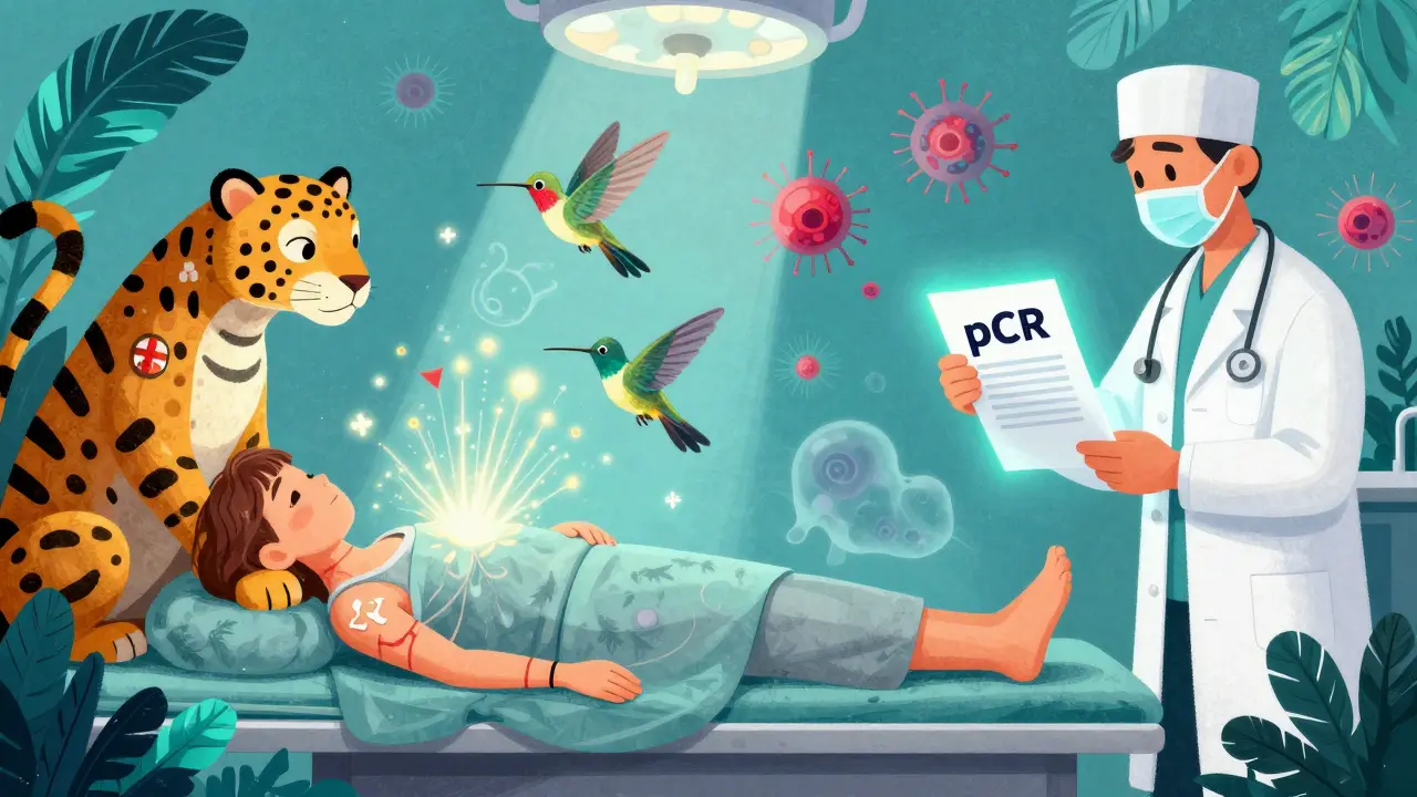 A patient before and after surgery, with mystical creatures guiding healing light and a glowing pCR report in the background.