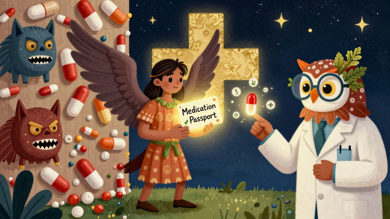 A patient holding a protective medication passport, standing against dangerous generic pills, guided by a wise pharmacist owl, in Alebrije style.