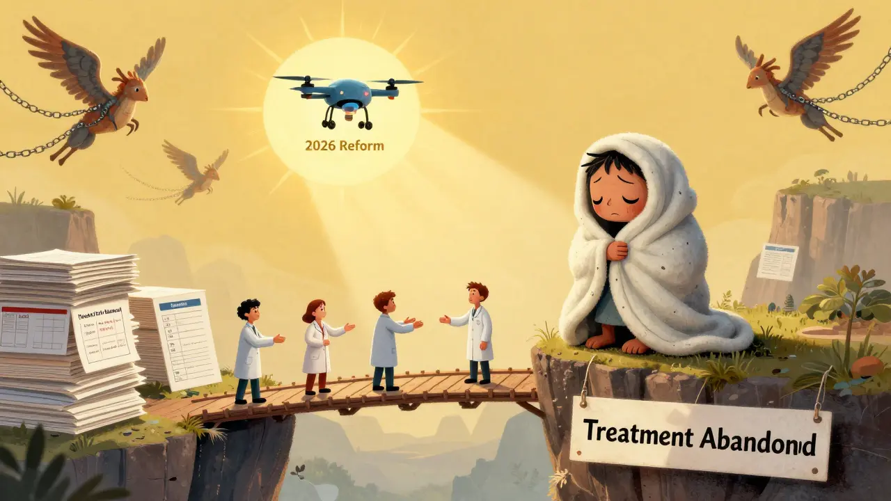 A patient stands at a cliff of abandoned treatment, saved by a bridge of documentation held by pharmacists.