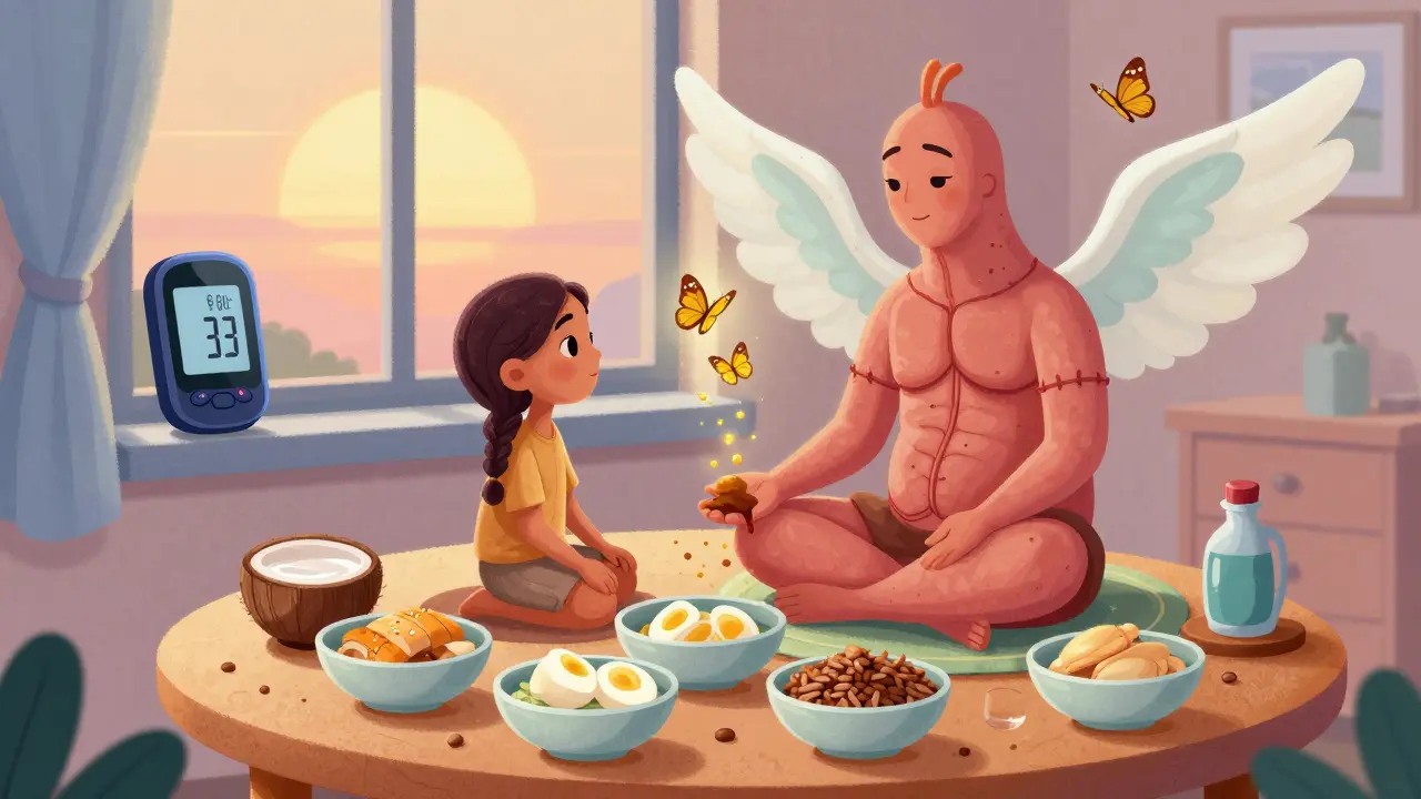 A patient surrounded by healthy meals and enzyme butterflies, with a healing pancreas spirit in warm Alebrije colors.