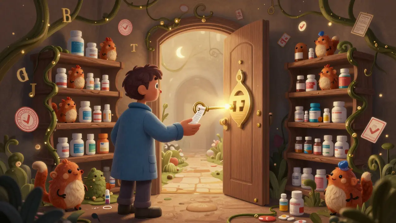 A patient unlocking a door shaped like an insurance logo, with medicine spirit-animals behind it.
