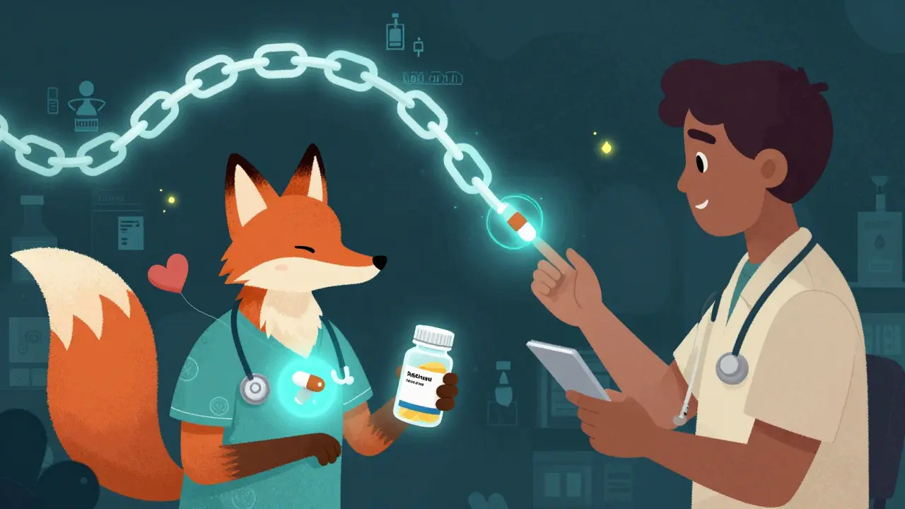 A patient with a spirit fox emerging, connected to a glowing blockchain trail tracing a drug's journey from factory to pharmacy.
