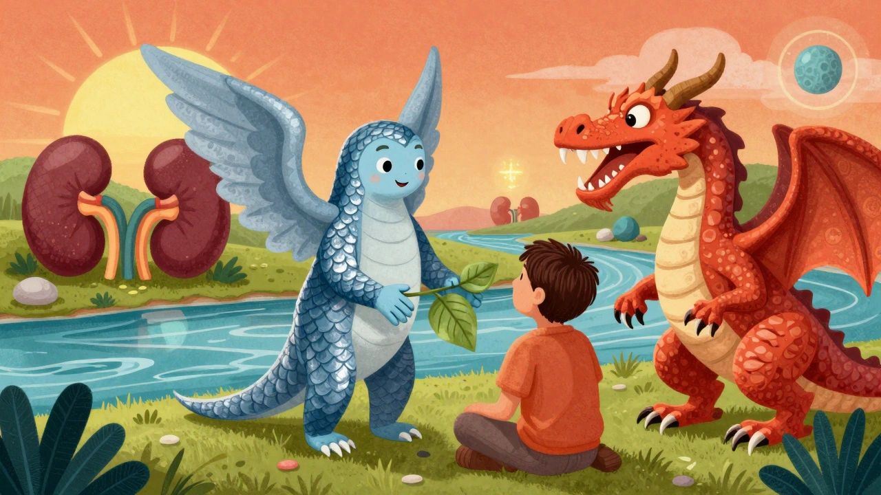 A peaceful scene where spironolactone and losartan spirits guide a patient away from a thiazide dragon.